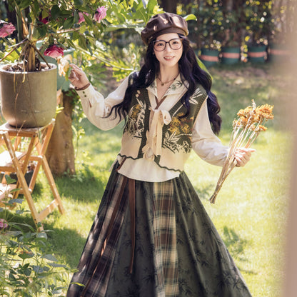 New Chinese Garden Style Knit Vest Top and Skirt - Suihan 岁寒三友