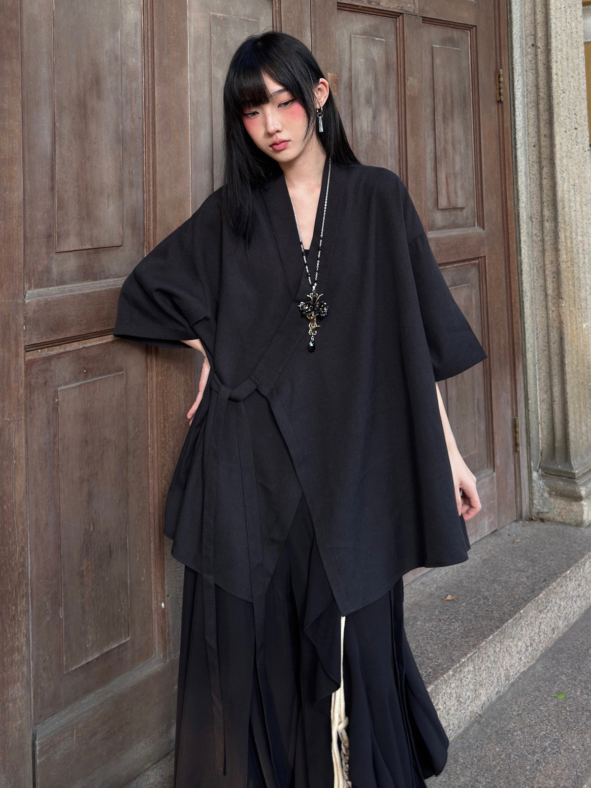 New Chinese Style Cross Collar Long Sleeve Cardigan