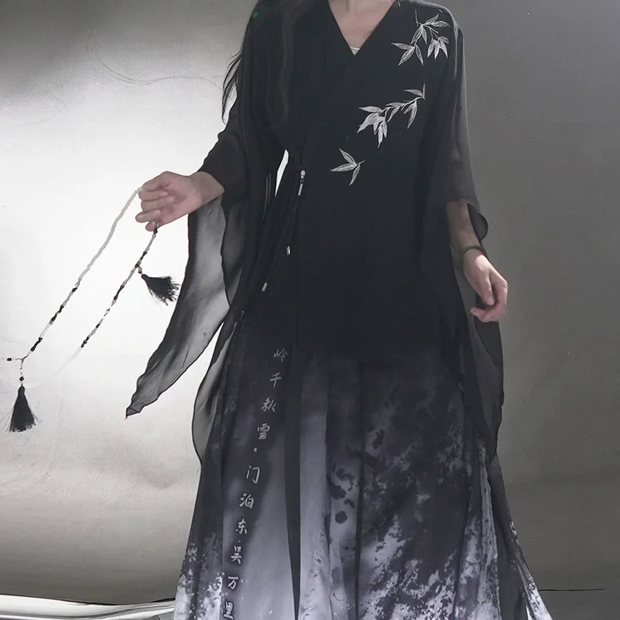 Whispering Bamboo 竹叶 - Unisex Cotton-Linen Cross-Collar Short-Sleeve Hanfu, Summer Zen Casual Chinese Robe (Preorder)