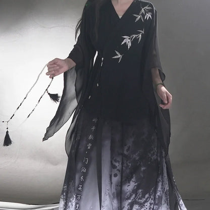 Whispering Bamboo 竹叶 - Unisex Cotton-Linen Cross-Collar Short-Sleeve Hanfu, Summer Zen Casual Chinese Robe (Preorder)
