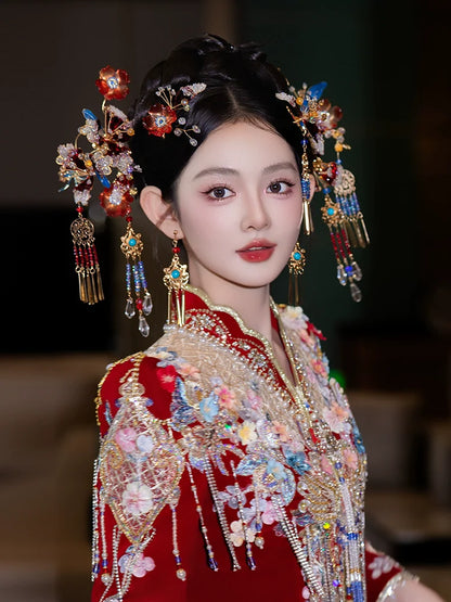 Unique Red and Blue Bloom - Bridal Hair Accessories Chinese Wedding Headpiece for Hanfu and Xiuhe Dress