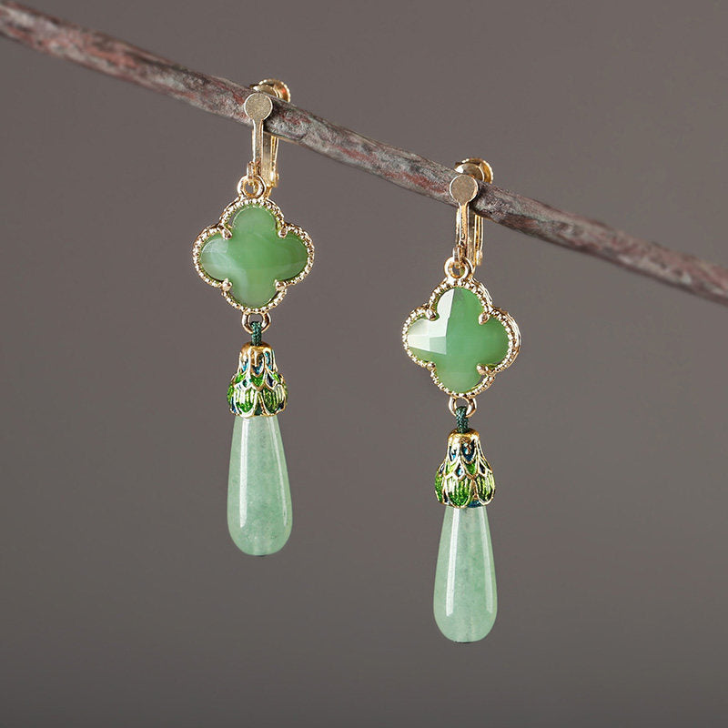 Jade Four Leaf Clover Earrings | Cheongsam Jewelry