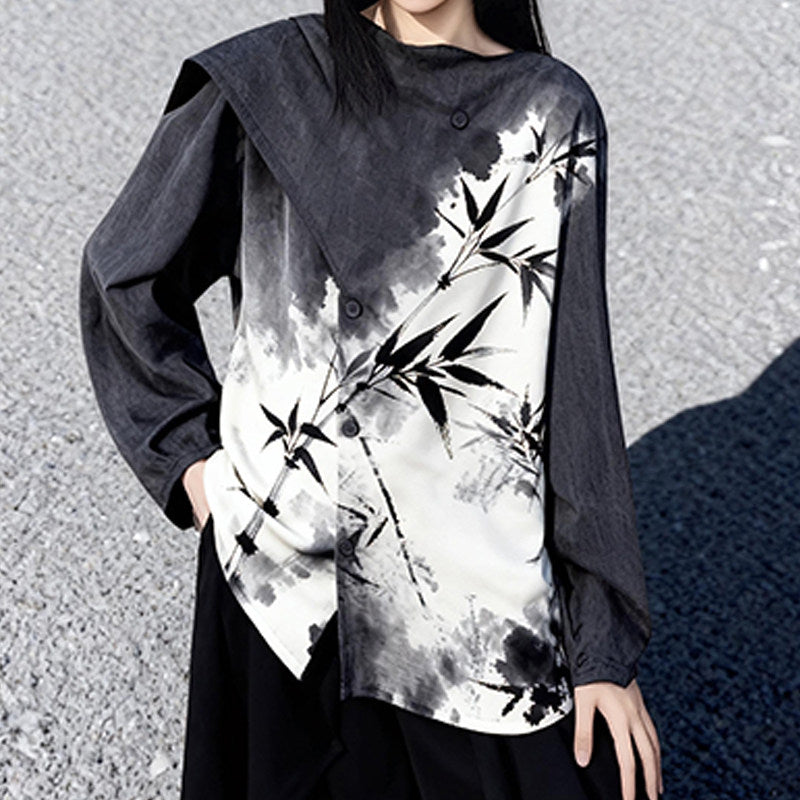 New Chinese Style Black and White Bamboo Prints Long Sleeve Top - Zhuye 竹叶