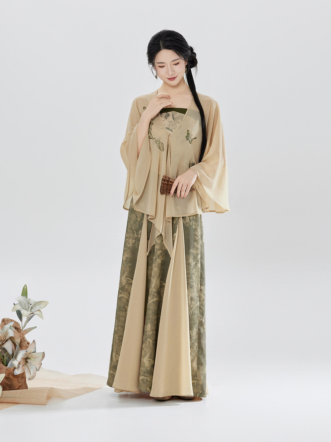 Lilies | Modern Chinese Zen Embroidered Chiffon Shawl Top and Skirt Set