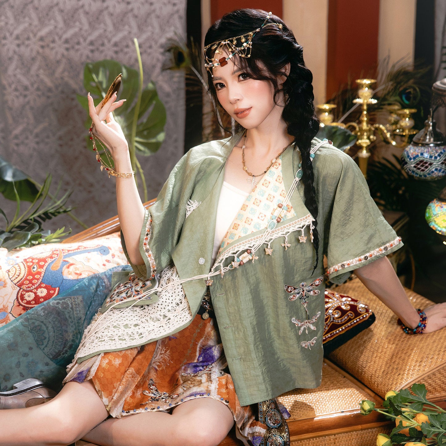 New Chinese Style Dunhuang Summer Blouse and Short Skirt Set - Linglu Sanskrit 菱路梵音