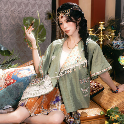 New Chinese Style Dunhuang Summer Blouse and Short Skirt Set - Linglu Sanskrit 菱路梵音