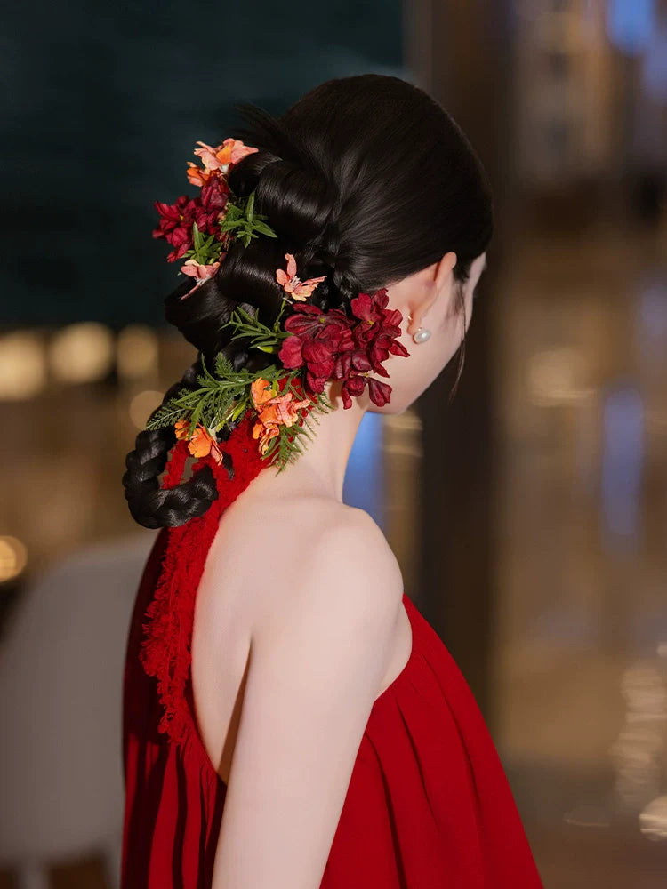 Scarlet Moon - Red Floral Bridal Hair Clips Retro Chinese Wedding Hair Accessories for Qipao and Cheongsam Dress