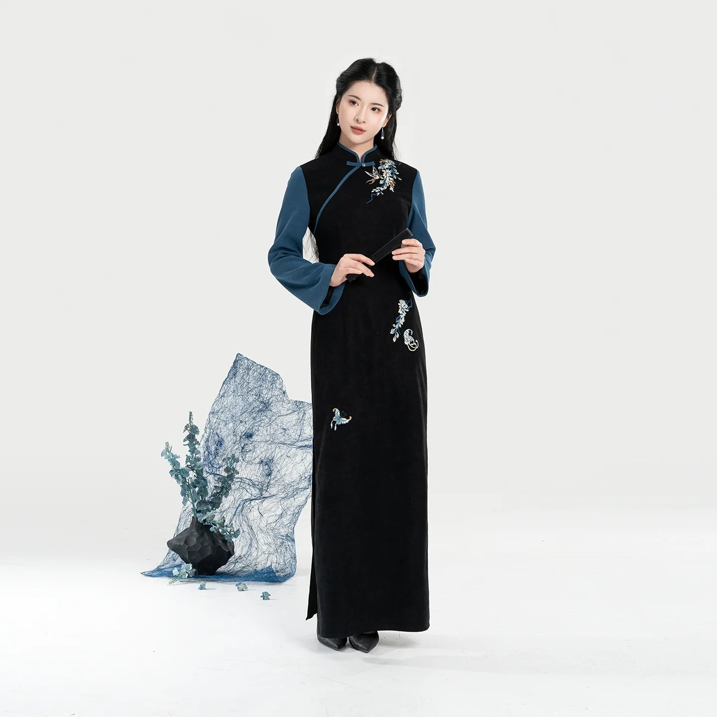 New Chinese Style Qipao Dress Embroidered Layered Long Sleeve Dress - Garden Butterfly 园中蝶 (Preorder)