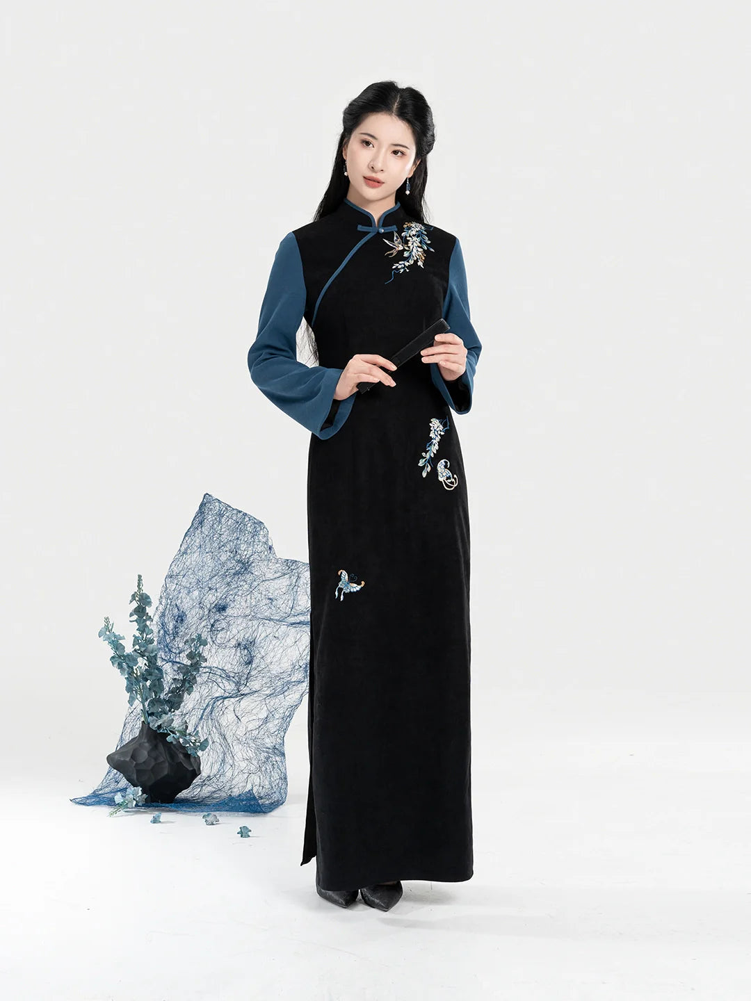 New Chinese Style Qipao Dress Embroidered Layered Long Sleeve Dress - Garden Butterfly 园中蝶 (Preorder)