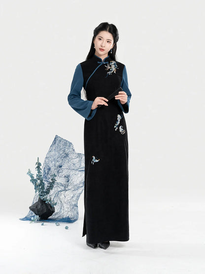 New Chinese Style Qipao Dress Embroidered Layered Long Sleeve Dress - Garden Butterfly 园中蝶 (Preorder)