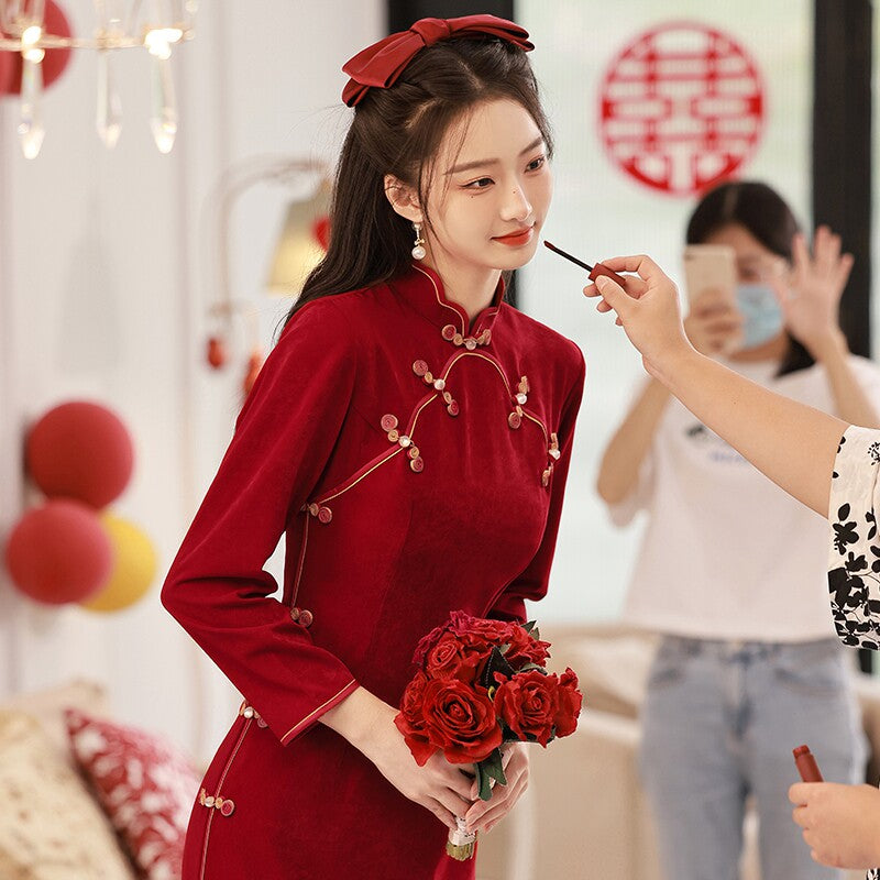 Chinese Wedding Engagement & Tea Ceremony Long Sleeve Cheongsam | Lovely Rose