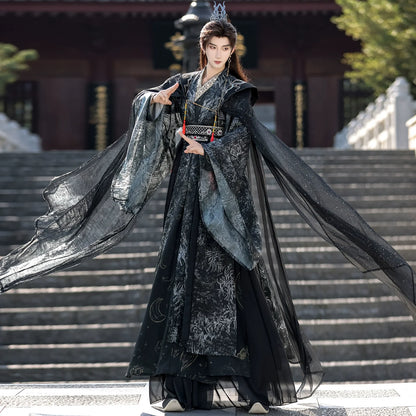 Night Ink Sovereign 夜墨青王 - Unisex Hanfu Cloak Robe in Dark Immortal Style, Song-Inspired Chinese Outfit