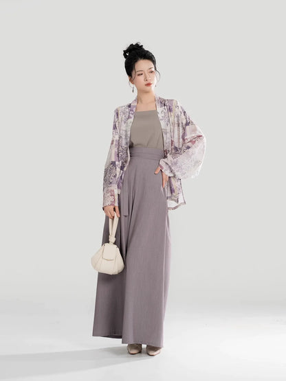 Song Dynasty Modern Hanfu Set with Winged Sleeve Top and Wide Leg Pants - Ziyun 紫芸 (Preorder)