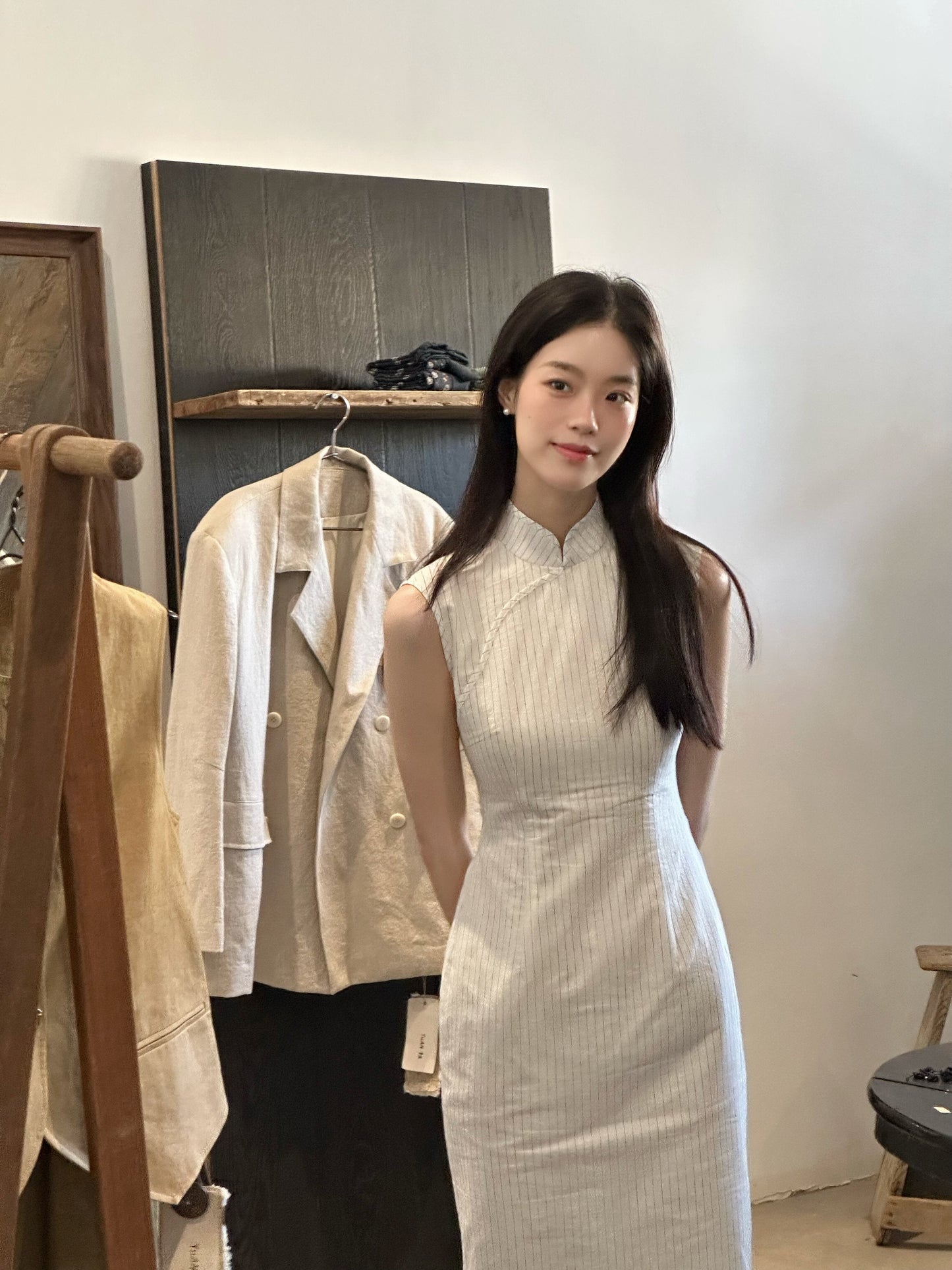 Sleeveless Stripe Long Cheongsam | Chizao