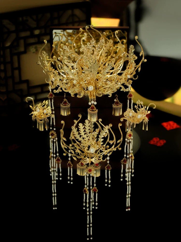 Song of the Golden Phoenix - Crown Bridal Headpiece Long Tassel Chinese Wedding Hair Accessories for Hanfu Bride