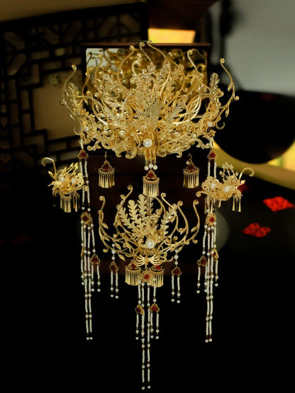 Song of the Golden Phoenix - Crown Bridal Headpiece Long Tassel Chinese Wedding Hair Accessories for Hanfu Bride