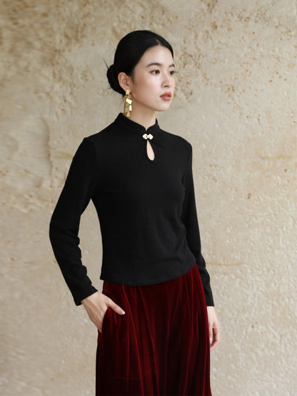 New Chinese Style Knitted Top in Black - Wind Bamboo