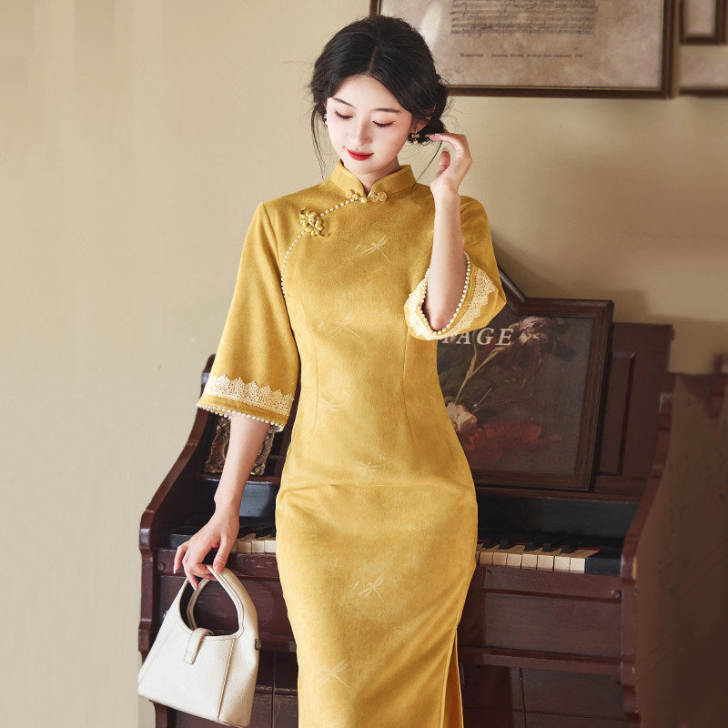 Mid Sleeve Antique Gold Cheongsam | Autumn
