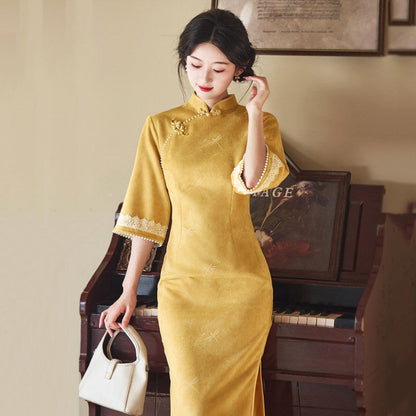 Mid Sleeve Antique Gold Cheongsam | Autumn