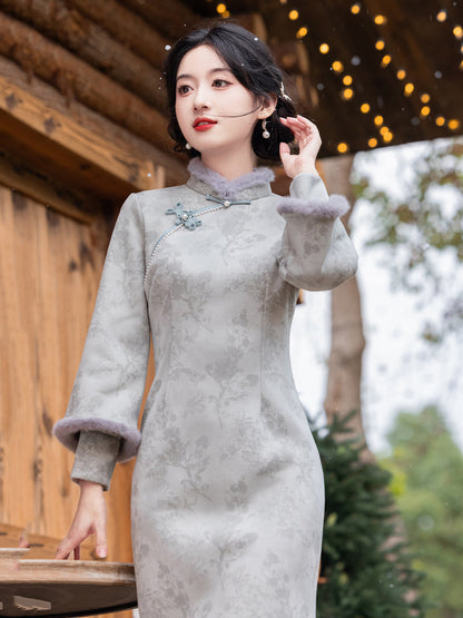 Long Sleeve Fur Trim Midi Qipao | Stardust