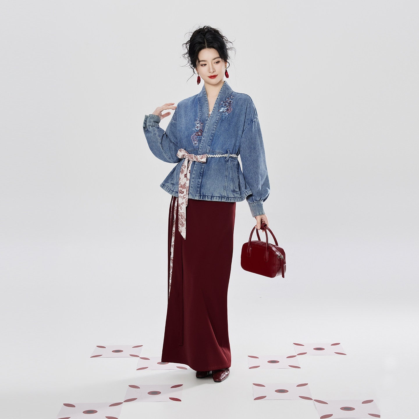 Hong Kong Beauty | New Chinese Style Denim Jacket and Skirt Set