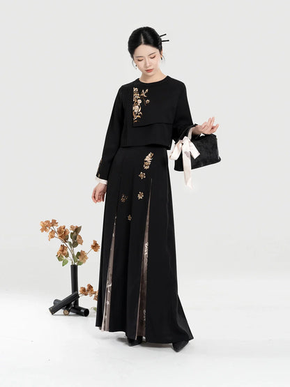 New Chinese Style Women Phoenix & Floral Embroidered Jacket with Three Pleat Skirt - Xulan 叙兰 (Preorder)