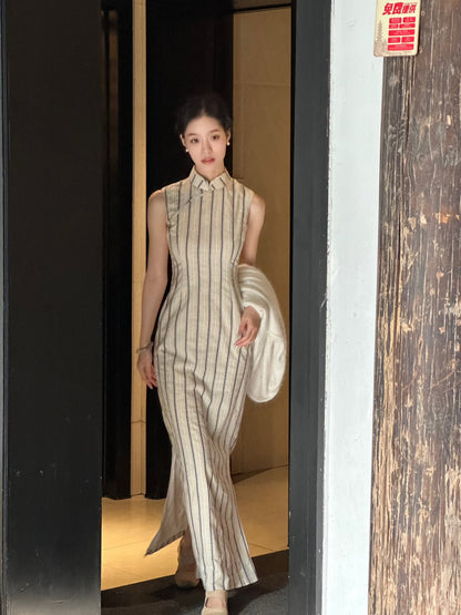 Sleeveless Stripe Long Cheongsam | Beige