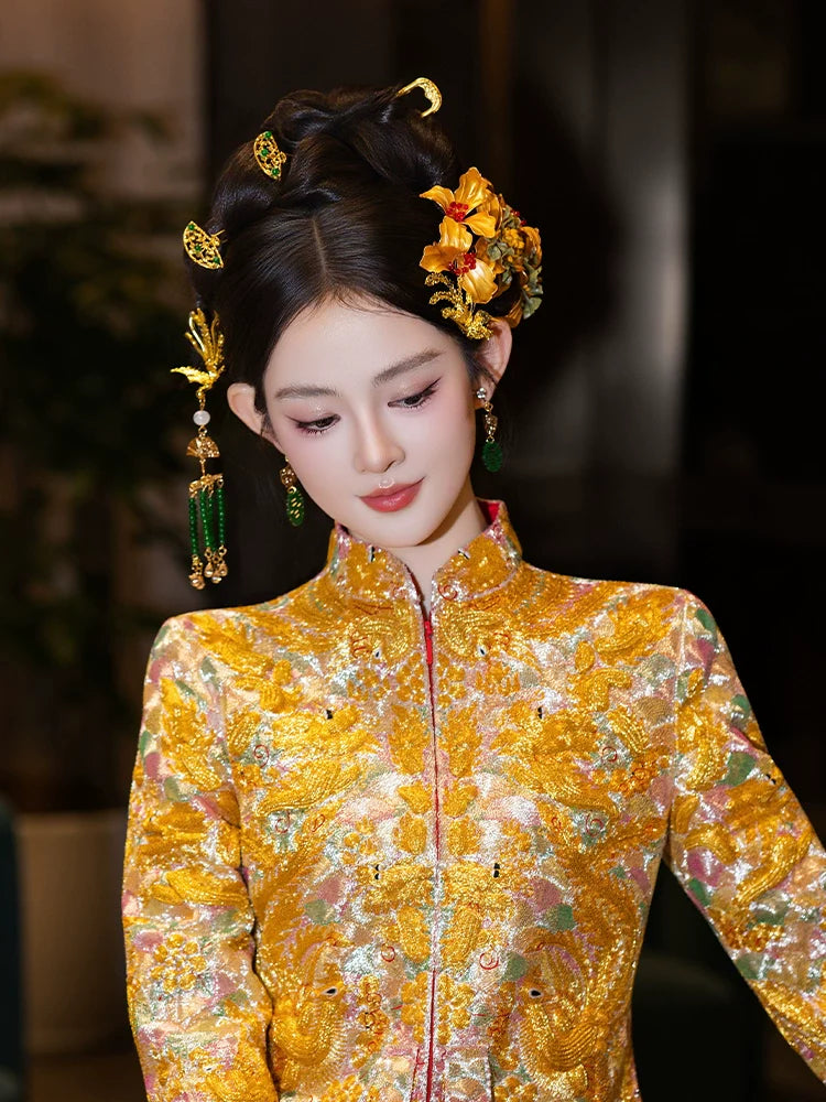 Golden Flower Phoenix Bridal Hairpin Tassel Chinese Wedding Hair Accessories for Hanfu Bride