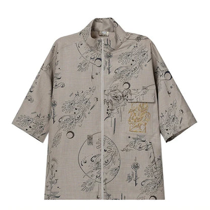 Sand Dunes - New Chinese Style Zipper Short Sleeve Shirt Overalls Cargo Pants