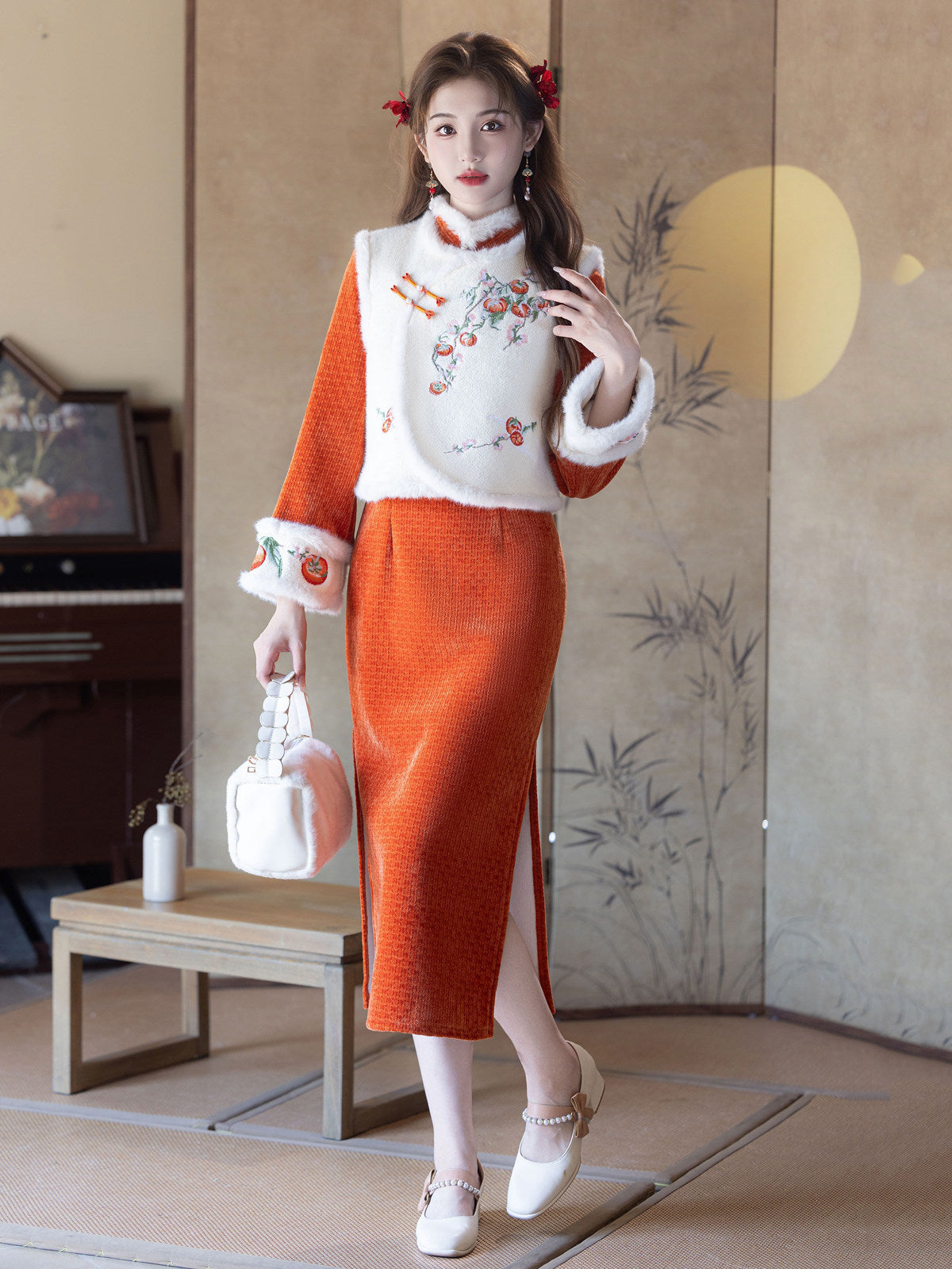 Long Sleeve Fur Trim Qipao and Vest | Persimmons