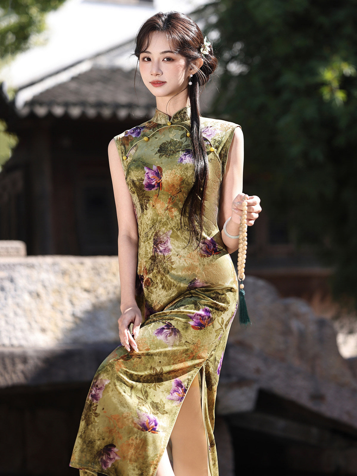Sleeveless Floral Midi Cheongsam | Olive