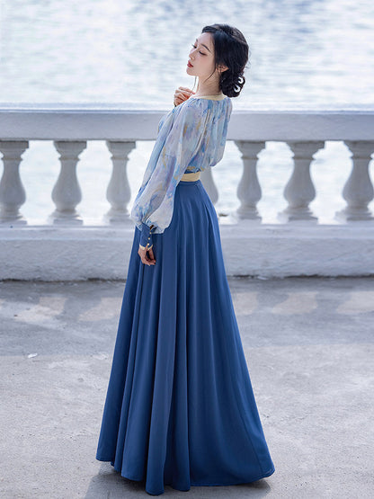 Tang Dynasty Modern Hanfu Heart Collar Top and Wrap Skirt - Van Gogh Sea 梵高的海国 (Preorder)