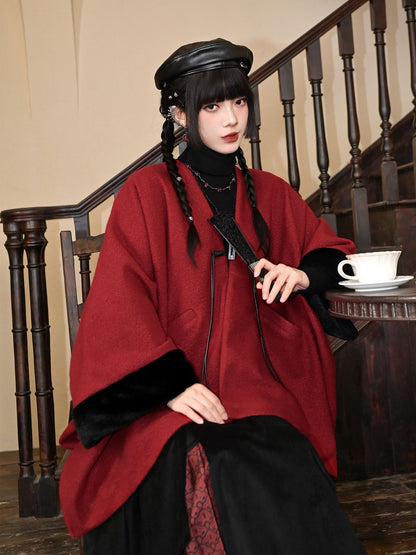 New Chinese Style Woolen Red Cape for Winter and New Year - Zhao Yuan 昭愿