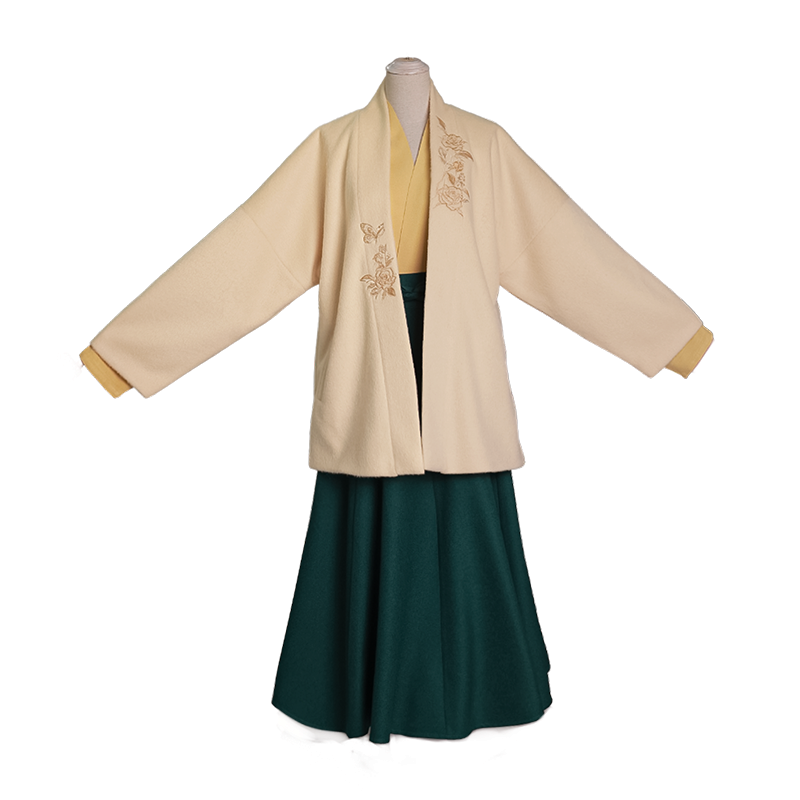 Song Dynasty Modern Hanfu Winged Sleeve Top and Wrap Skirt for Autumn and Winter - Rose Heart 玫瑰心事 (Preorder)