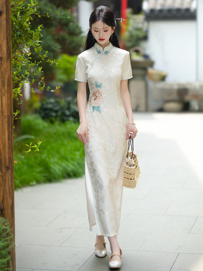 Short Sleeve Floral Long Cheongsam | Peony