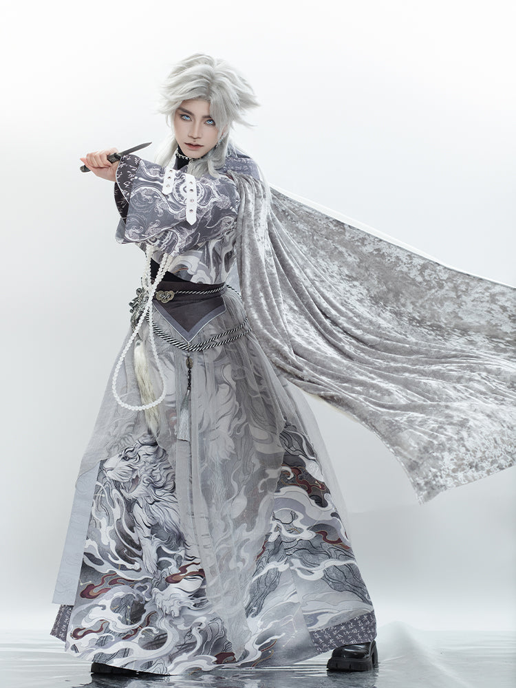 White Tiger 白虎 - Youthful Tiger-Pattern Cloak Hanfu Outfit for Spring, Autumn & Winter