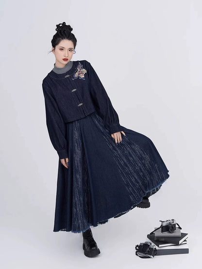 Tang Dynasty Modern Denim Hanfu Round Collar Jacket and Eight Panel Skirt - Canglan 苍岚 (Preorder)