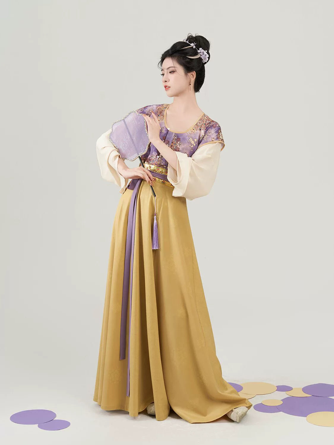 Tang Dynasty Modern Hanfu Set with Beizi Overlay & Flowing Eight-Panel Skirt - Taro Paste Egg Yolk 芋泥蛋黄 (Preorder)