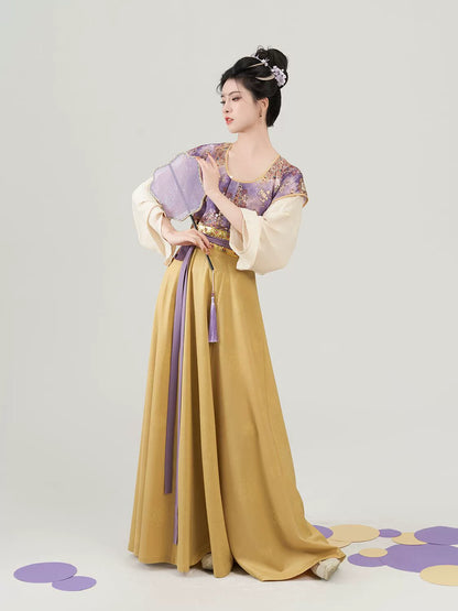 Tang Dynasty Modern Hanfu Set with Beizi Overlay & Flowing Eight-Panel Skirt - Taro Paste Egg Yolk 芋泥蛋黄 (Preorder)