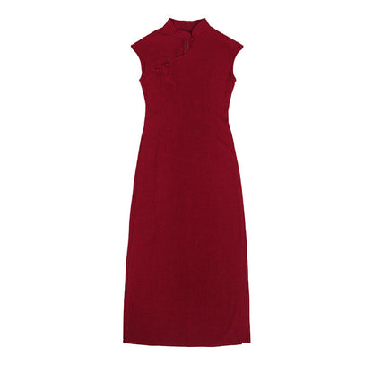 Qipao Style Slit Ao Dai Tie-Dye Dress - Crimson 绯色 (Preorder)