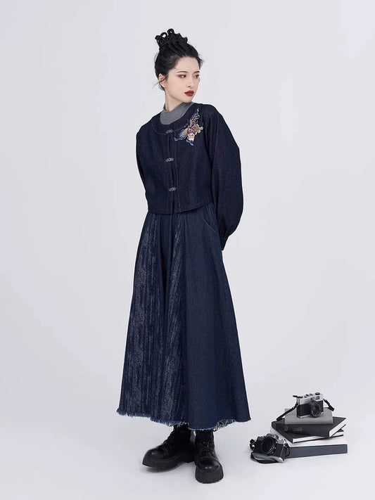 Tang Dynasty Modern Denim Hanfu Round Collar Jacket and Eight Panel Skirt - Canglan 苍岚 (Preorder)