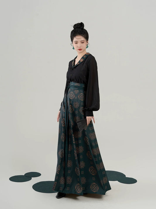 Tang Dynasty Modern Hanfu Set with Flowing Nine-Panel Skirt - Cuiying 翠映 (Preorder)