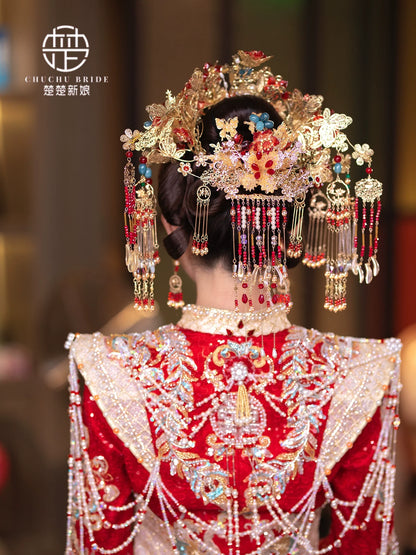 Crimson Majesty - Hanfu Crown Gold Red Luxury Bridal Phoenix Tiara for Xiuhe & Palace Hanfu Wedding Headpiece