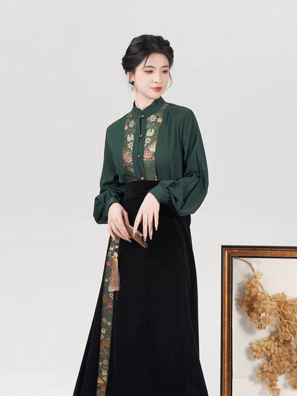 Song Dynasty Modern Hanfu Set with Long Sleeve Top and Spiral Skirt - Huayi 花溢 (Preorder)