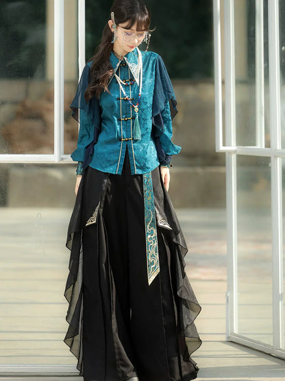 Qingluan Yu 青鸾羽 - New Chinese Style Retro Han Elements Vest, Blouse and Pants Outfit for Women