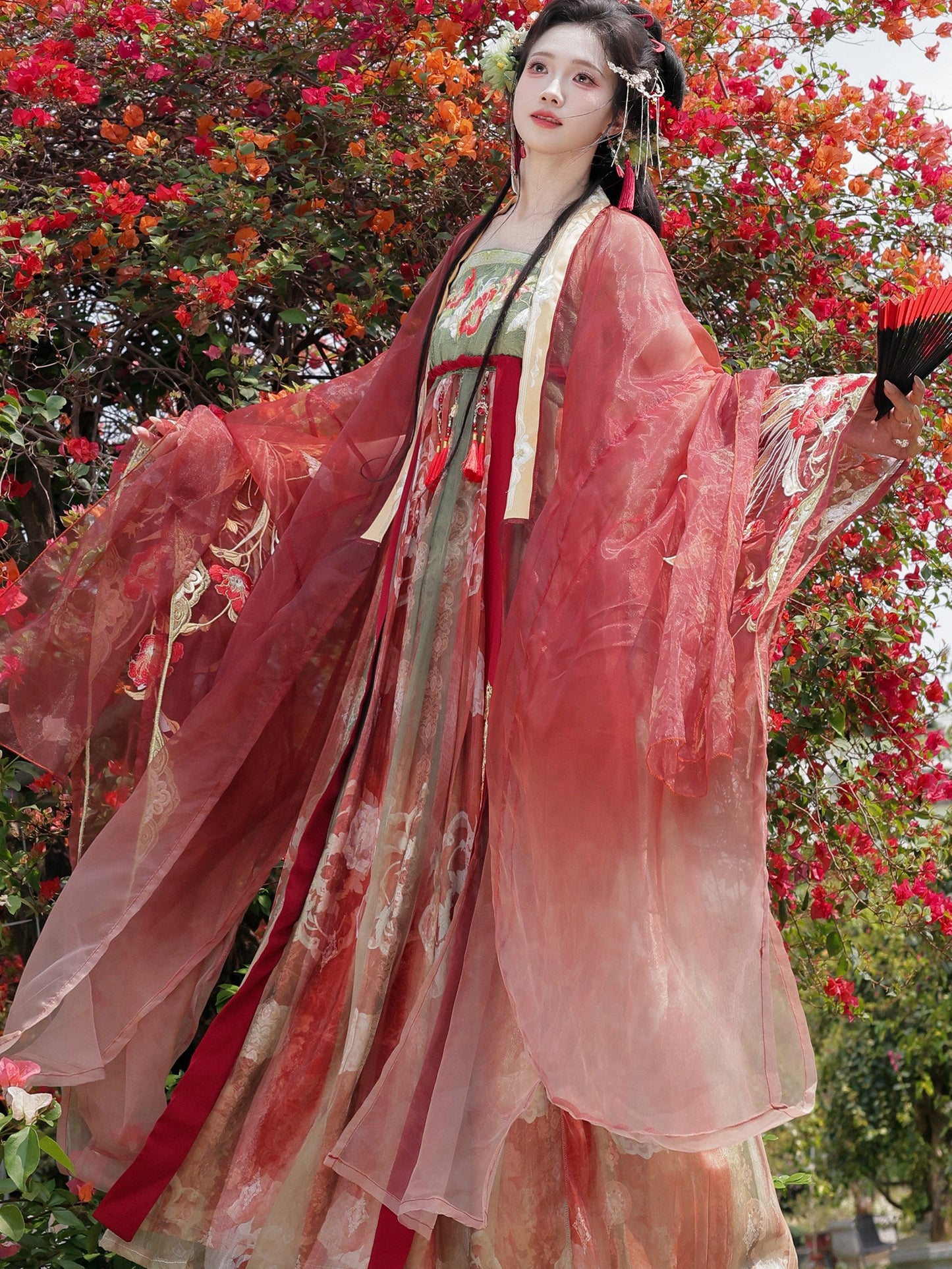 Zan Hong | Festive Red Hanfu Set with Embroidered Qixiong Dress and Wide Sleeve Cardigan