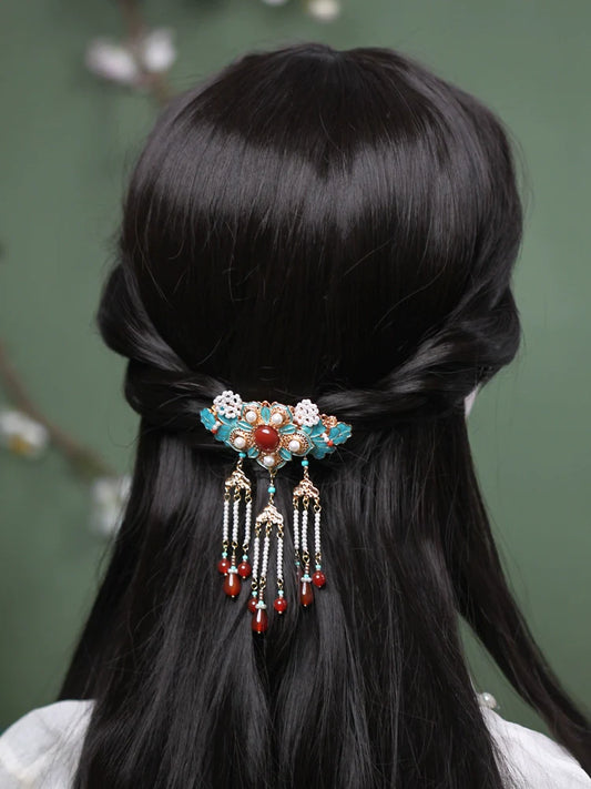 Back Hair Pin: Qingping - tassel hanfu hair accessory, detail view