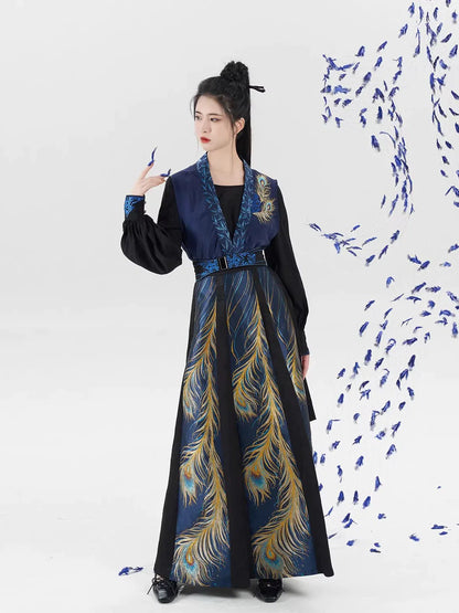 Tang Dynasty Modern Hanfu Set with Beizi Overlay & Flowing Eight-Panel Skirt - Yinzhu 飒翎银竹 (Preorder)
