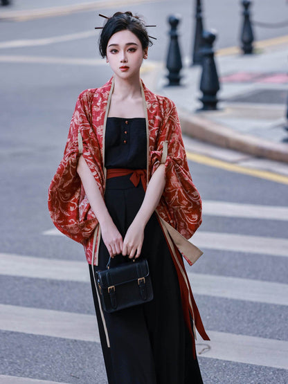Modern Chinese Style Hanfu Outfit Cardigan & Camisole with Song-Style Trousers - Vermilion Bird 朱雀 (Preorder)
