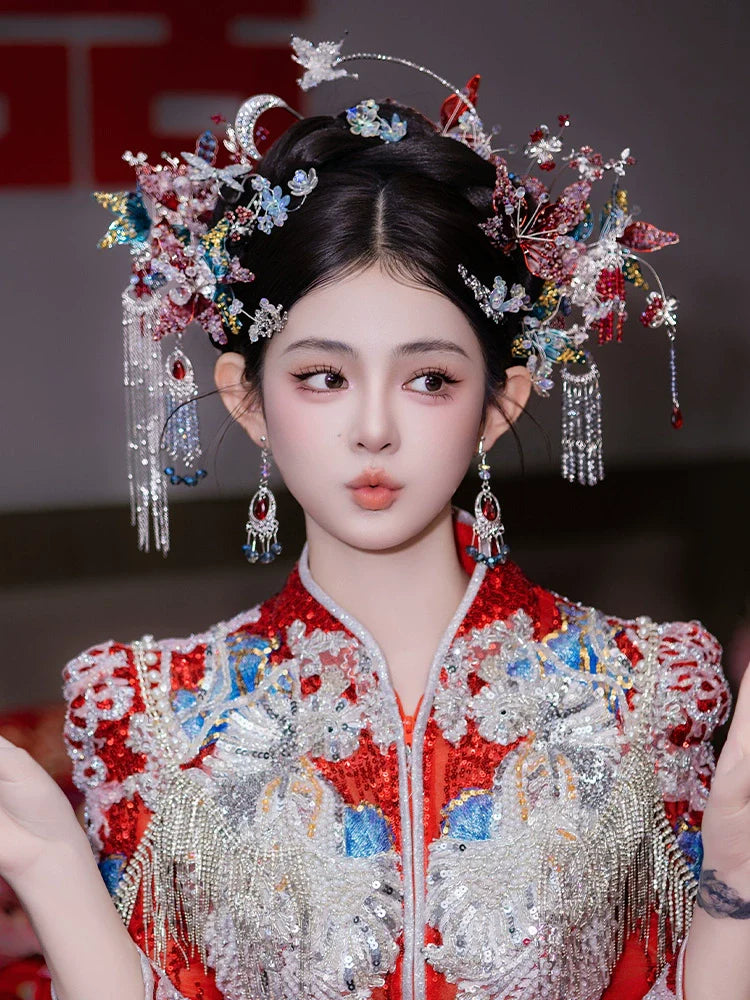 Moonlight - Silver Butterfly and Red Flower Bridal Hairpin Traditional Chinese Wedding Hair Accessories